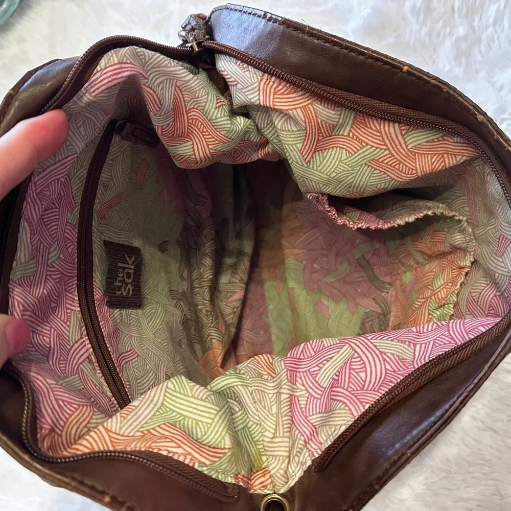 The Sak Hobo Bag Brown Leather Patchwork Snakeskin Accent‎ Shoulder Bag